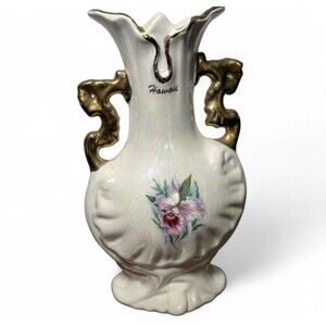 VINTAGE HAWAIIAN 9" PEARL IRIDESCENT LUSTER VASE POTTERY CERAMIC PURPLE ORCHIDS
